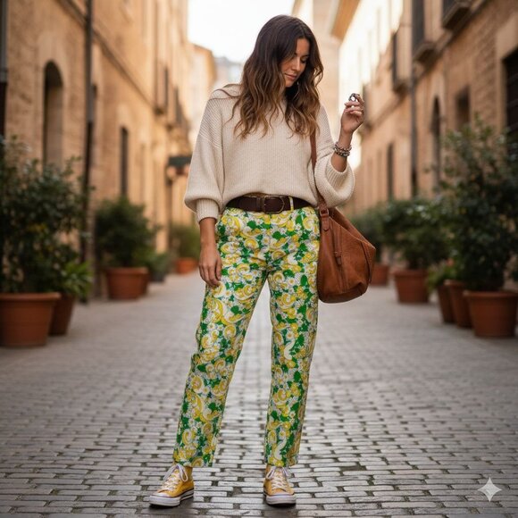 ZARA Retro 70s Green Yellow Paisley Print High Waist Pants Women's Size Medium - Picture 1 of 15
